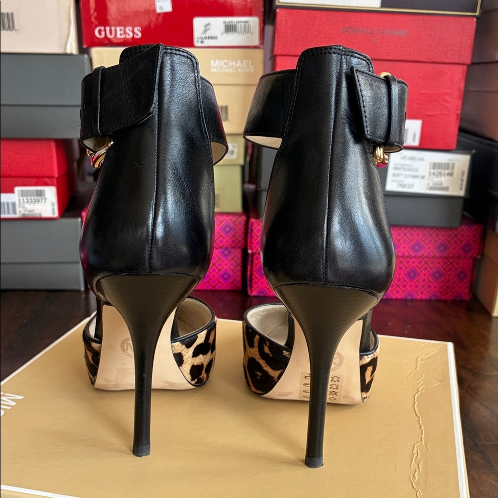 Michael Kors Leopard Print Pointed Toe Ankle-Strap Heels - Black/Leopard - Picture 4 of 6